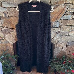 SJS Black Sleeveless Fuzzy Sweater Below Knee Length; Slits on Sides; Like New!
